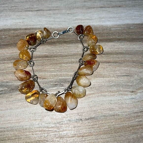 Citrine And Crystal Dangling Bracelet Linked Silver Tone Chain Bohemian Classic - Picture 3 of 7